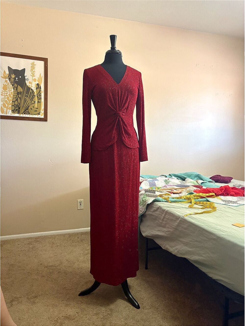 Vintage Patra 2-Piece Glitter Knit Evening Skirt & Top Set – Burgundy (Size 10)